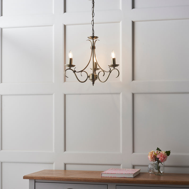 Close-up of the metalwork on the Bernice 3 Light Chandelier