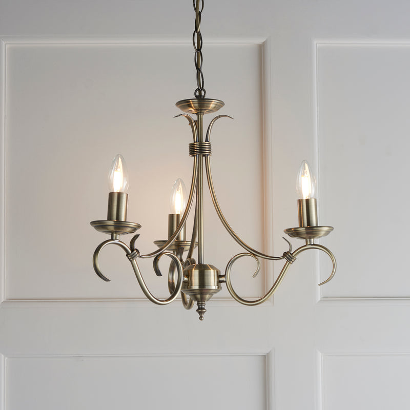 Bernice 3 Light Chandelier detail showing the metalwork and fittings