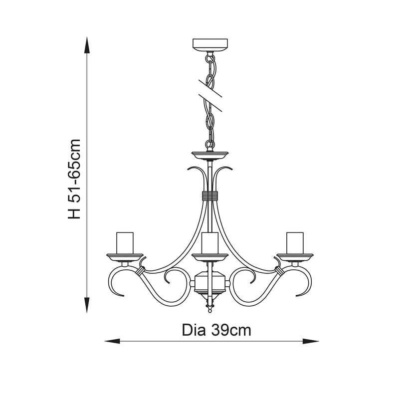 Bernice 3 Light Chandelier dimension drawing showing width and drop