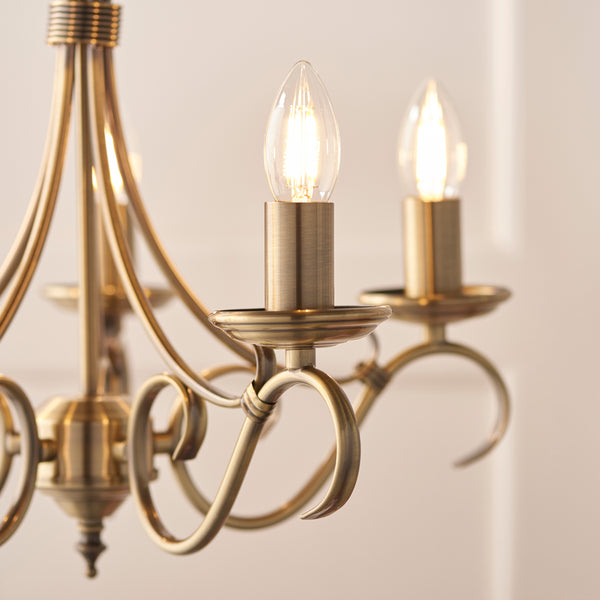 Close-up of the metalwork on the Bernice 5 Light Chandelier
