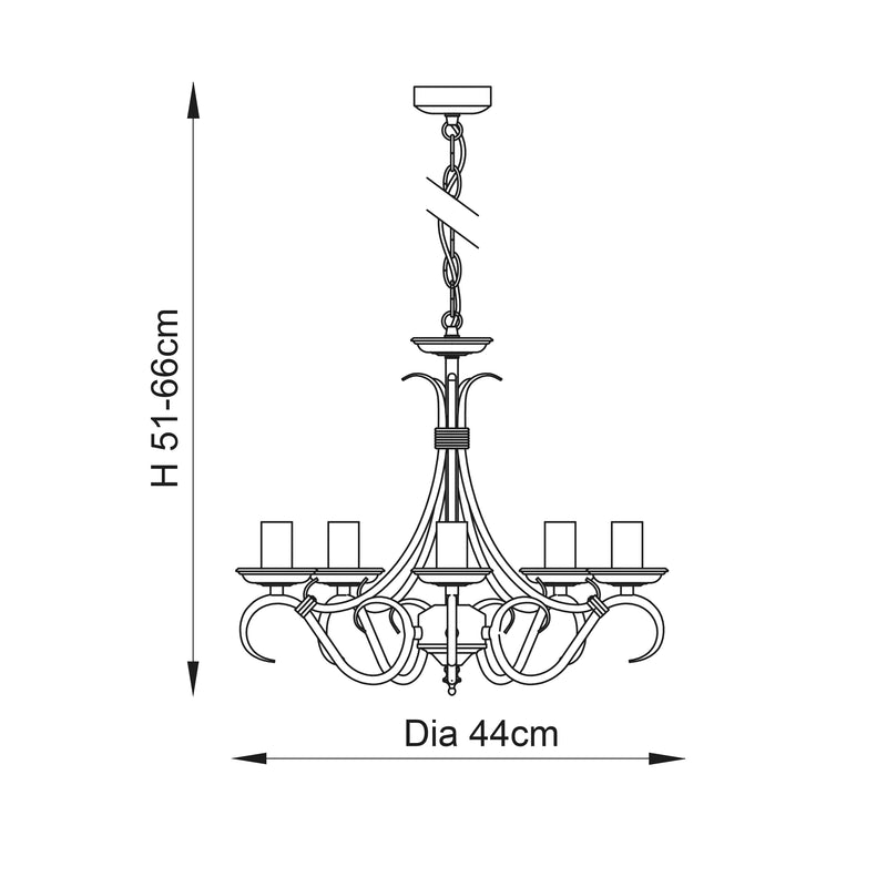 Bernice 5 Light Chandelier dimension drawing showing width and drop