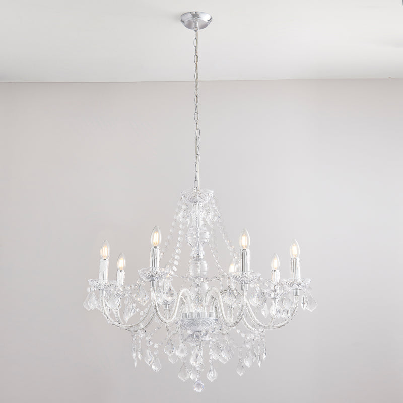 Clarence 8 Light Chandelier in chrome and clear acrylic hanging in a living room