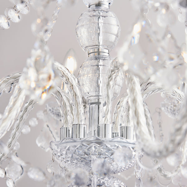 Clarence 8 Light Chandelier in chrome and clear acrylic shown in a room setting