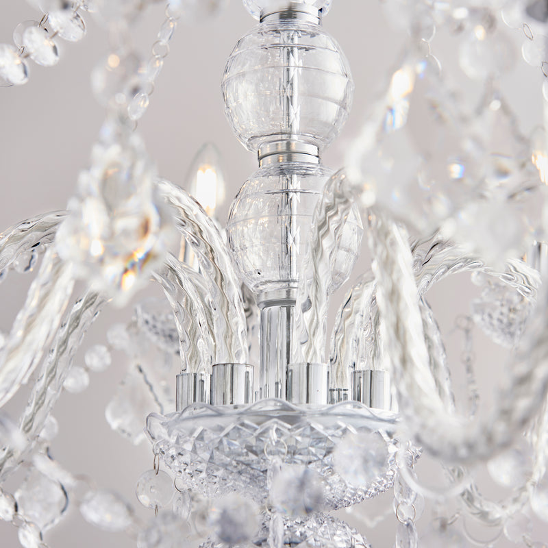 Clarence 8 Light Chandelier in chrome and clear acrylic shown in a room setting