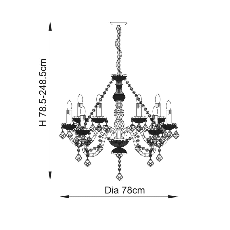 Clarence 8 Light Chandelier dimension drawing showing width and drop
