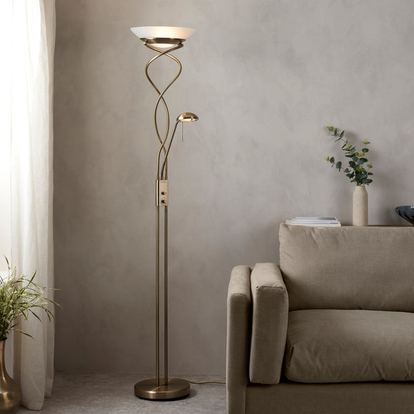 Endon Monaco Mother and Child Floor Lamp in antique brass in a styled living room