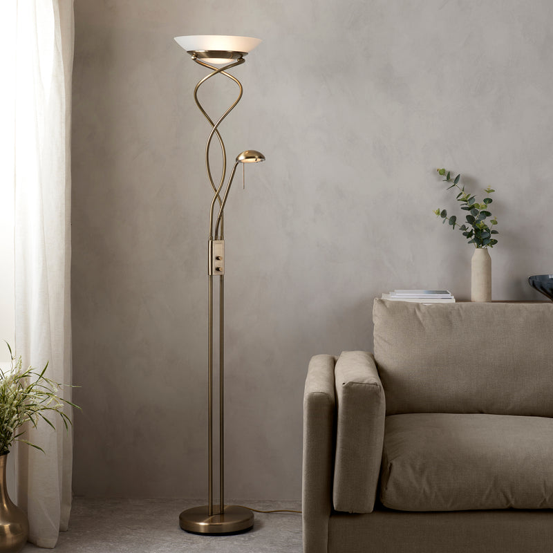 Endon Monaco Mother and Child Floor Lamp in antique brass in a styled living room
