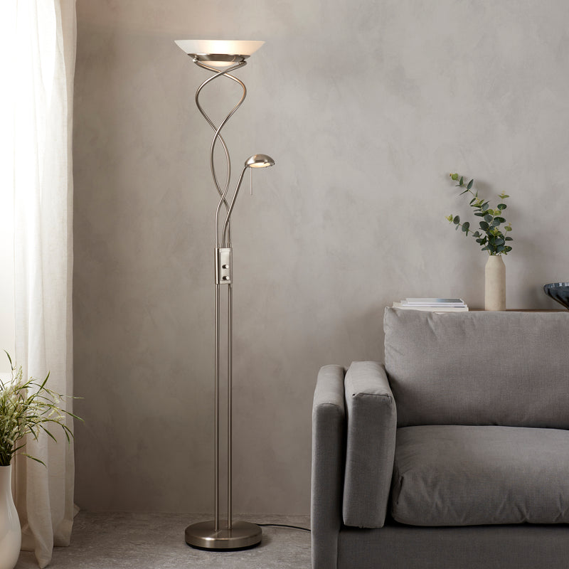Endon Monaco Mother and Child Floor Lamp in satin chrome in a styled living room