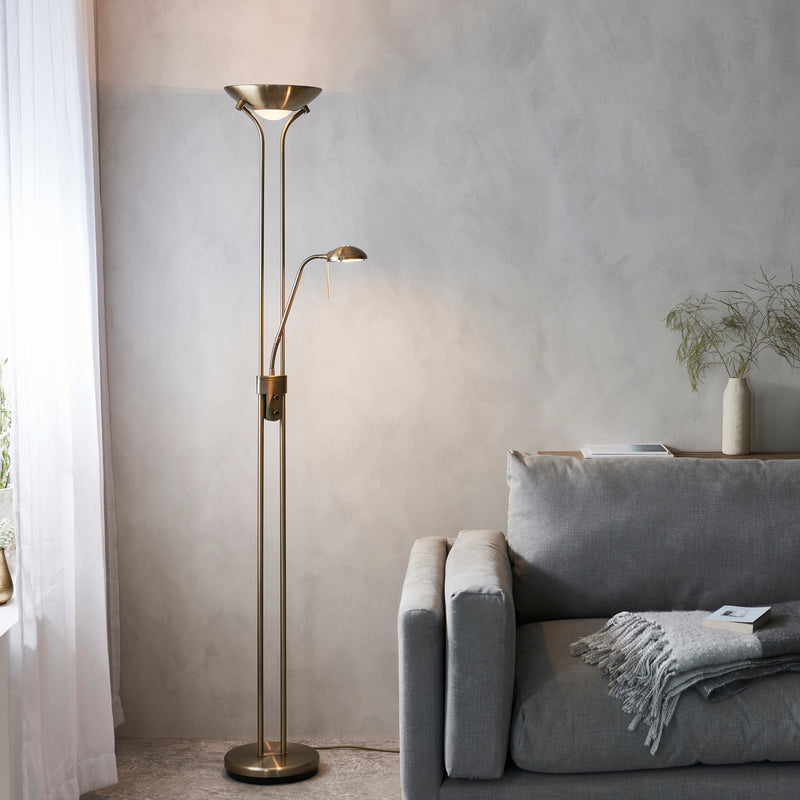 Endon Rome Mother and Child Floor Lamp in antique brass in a styled living room