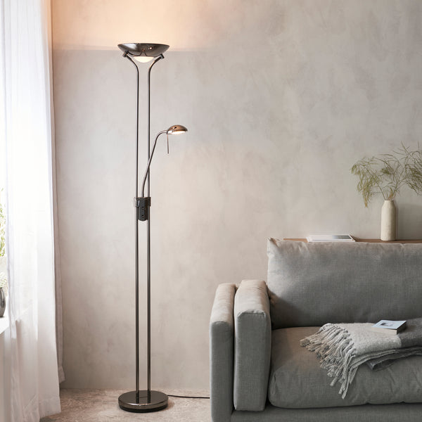 Endon Rome Mother and Child Floor Lamp in black chrome in a styled living room