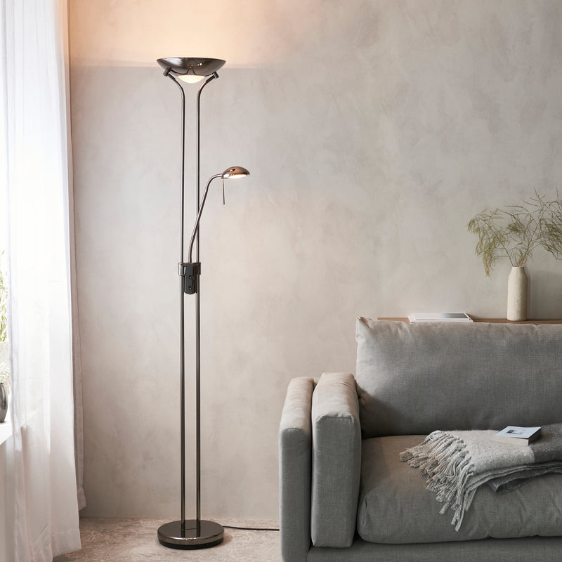 Endon Rome Mother and Child Floor Lamp in black chrome in a styled living room