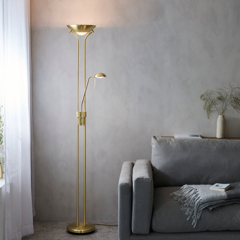 Endon Rome Mother and Child Floor Lamp in satin brass in a styled living room