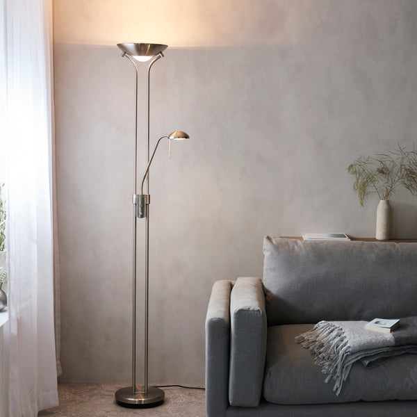 Endon Rome Mother and Child Floor Lamp in satin chrome in a styled living room