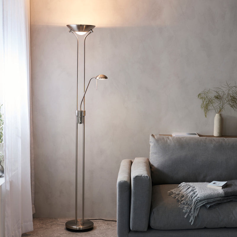 Endon Rome Mother and Child Floor Lamp in satin chrome in a styled living room