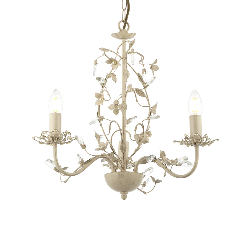 Endon Lullaby 3 Light Chandelier in cream and brushed gold with clear and pearl acrylic