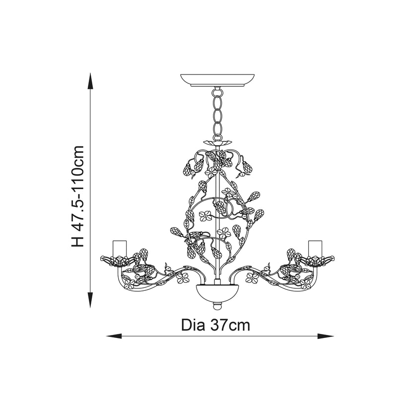 Lullaby 3 Light Chandelier dimension drawing showing width and drop