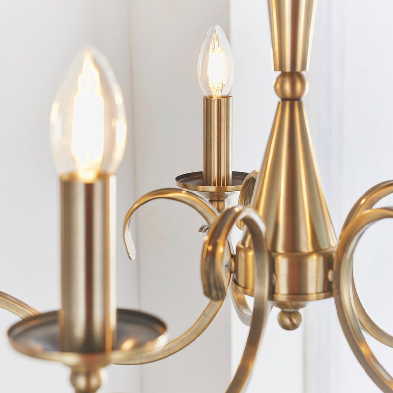 Close-up of the Kora 5 Light Chandelier ceiling plate and fittings