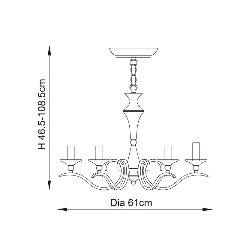 Kora 5 Light Chandelier dimension drawing showing width and drop
