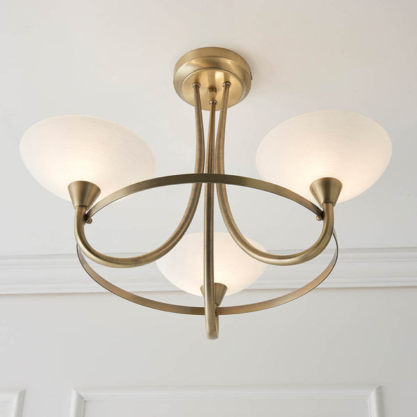 Close-up of the white glass on the Cagney 3 Light Semi Flush Ceiling Light