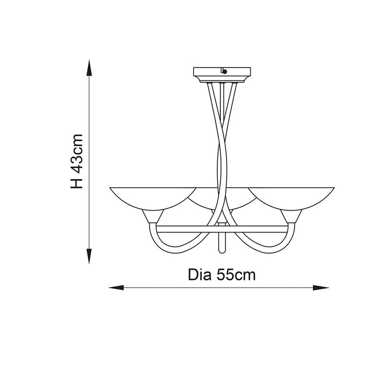 Cagney 3 Light Semi Flush Ceiling Light dimension drawing showing width and depth