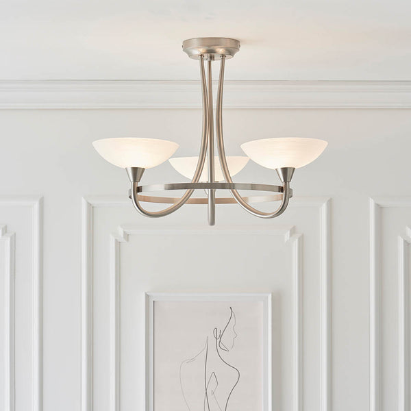 Cagney 3 Light Semi Flush Ceiling Light in satin chrome on a bedroom ceiling