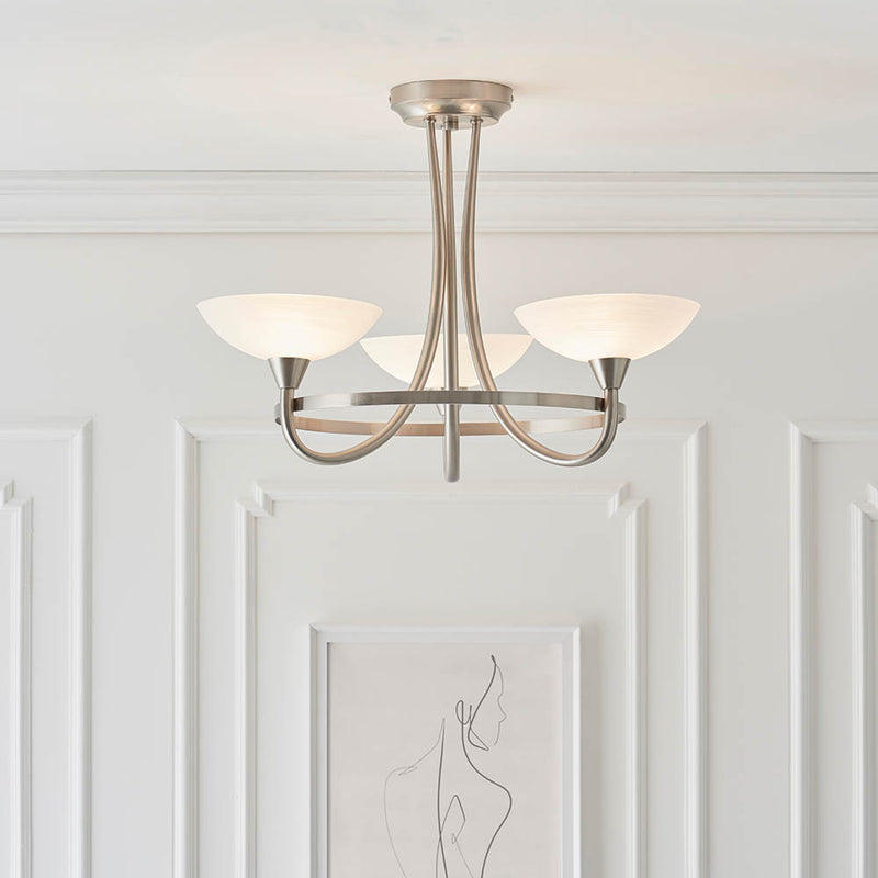 Cagney 3 Light Semi Flush Ceiling Light in satin chrome on a bedroom ceiling