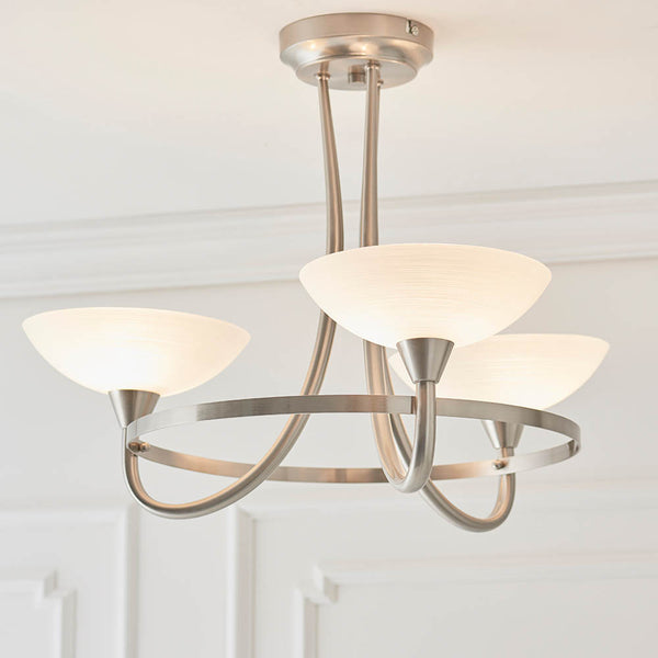 Cagney 3 Light Semi Flush Ceiling Light in satin chrome shown in a room setting