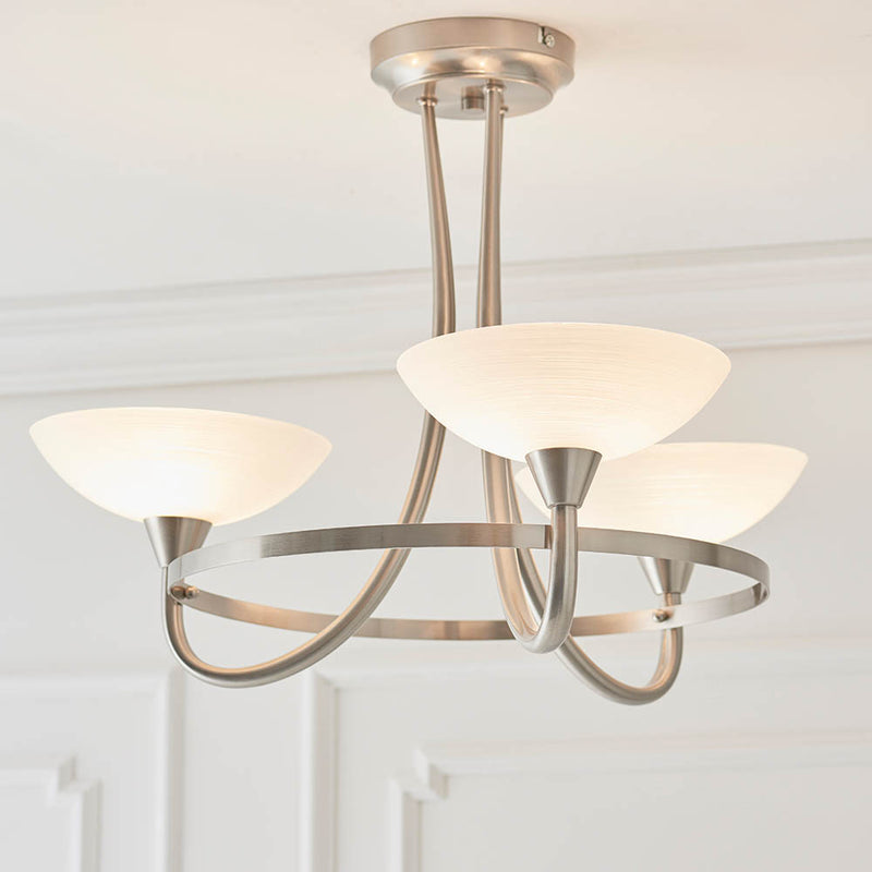 Cagney 3 Light Semi Flush Ceiling Light in satin chrome shown in a room setting