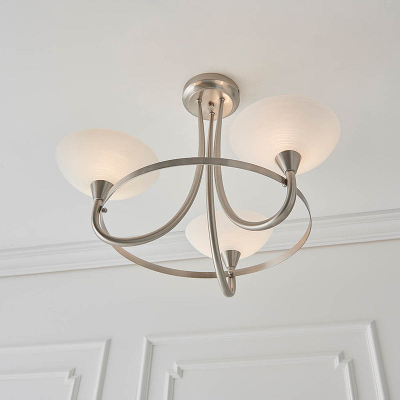 Detail of the satin chrome finish on the Cagney 3 Light Semi Flush Ceiling Light