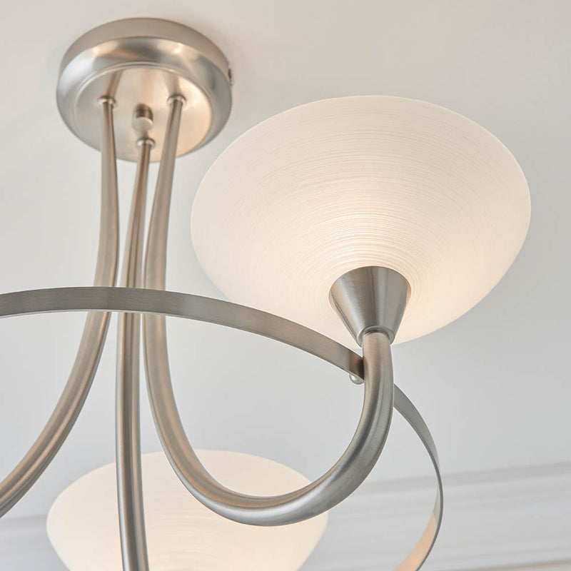 Cagney 3 Light Semi Flush Ceiling Light detail showing the white glass and fittings