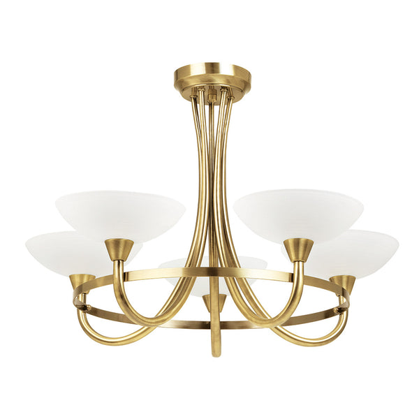 Endon Cagney 5 Light Semi Flush Ceiling Light in antique brass with white glass