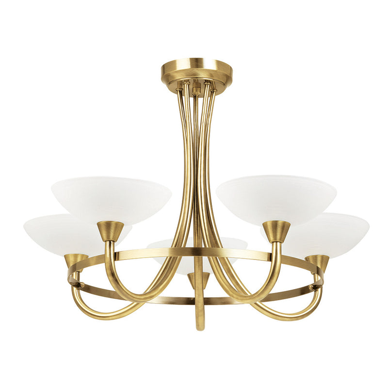 Endon Cagney 5 Light Semi Flush Ceiling Light in antique brass with white glass