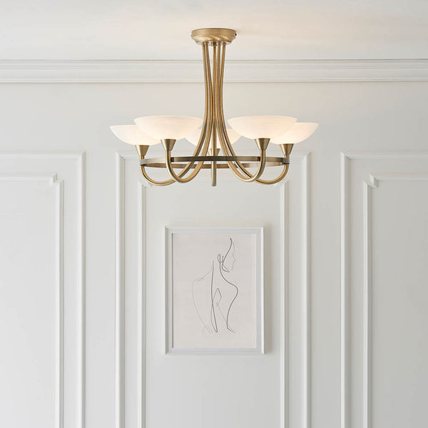 Cagney 5 Light Semi Flush Ceiling Light in antique brass on a living room ceiling
