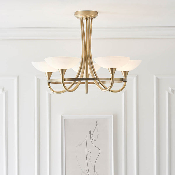 Cagney 5 Light Semi Flush Ceiling Light lit up in a styled living room