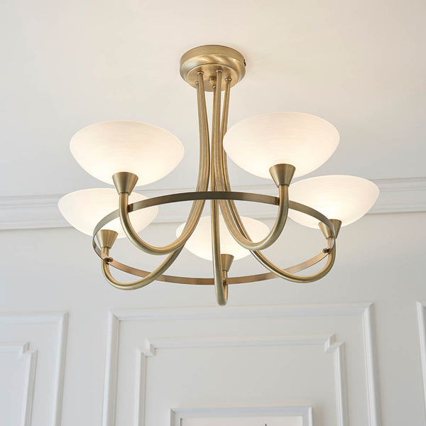 Close-up of the white glass on the Cagney 5 Light Semi Flush Ceiling Light