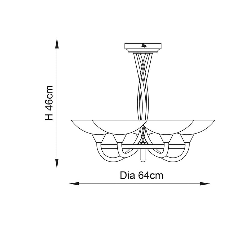 Cagney 5 Light Semi Flush Ceiling Light dimension drawing showing width and depth