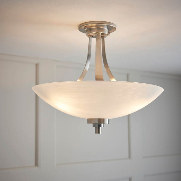 Welles 3 Light Semi Flush Ceiling Light in satin chrome on a bedroom ceiling