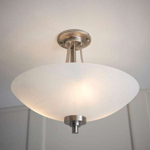 Welles 3 Light Semi Flush Ceiling Light in satin chrome shown in a room setting