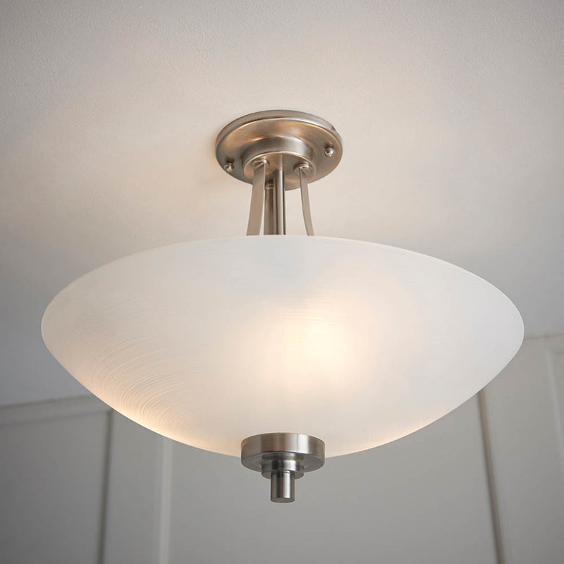 Welles 3 Light Semi Flush Ceiling Light in satin chrome shown in a room setting