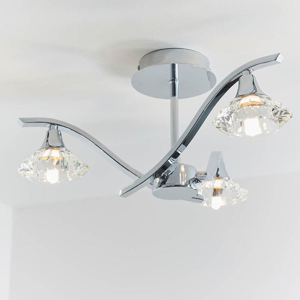 Langella 3 Light Crystal Semi Flush Ceiling Light in chrome on a bedroom ceiling