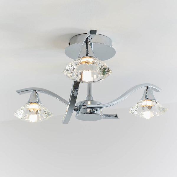 Langella 3 Light Crystal Semi Flush Ceiling Light in chrome shown in a room setting