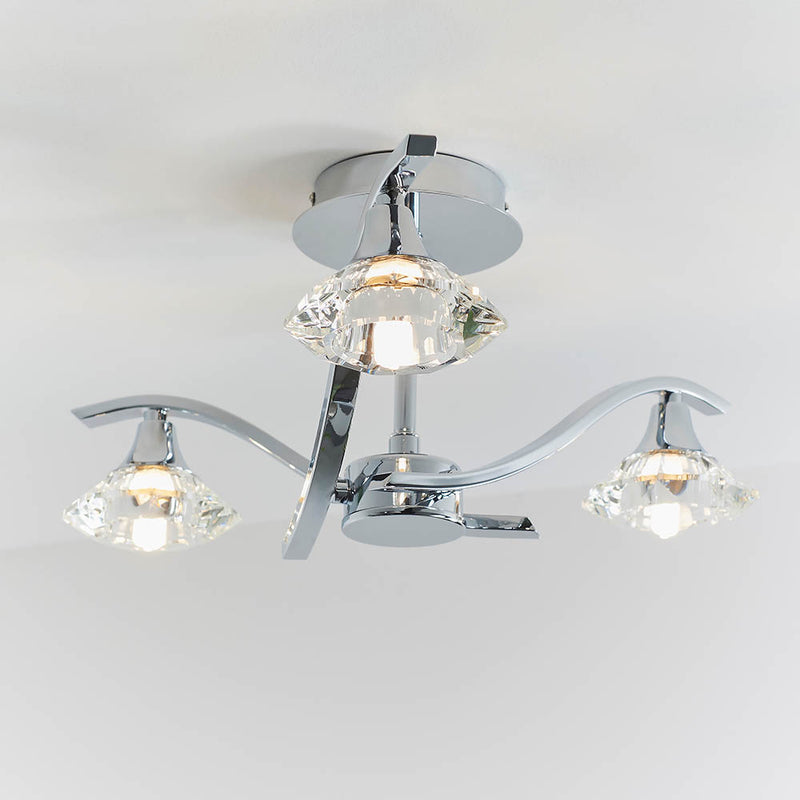 Langella 3 Light Crystal Semi Flush Ceiling Light in chrome shown in a room setting