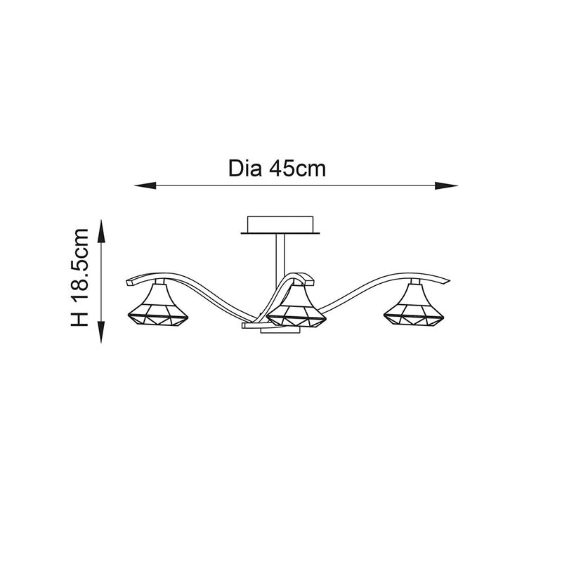 Langella 3 Light Crystal Semi Flush Ceiling Light dimension drawing showing width and depth