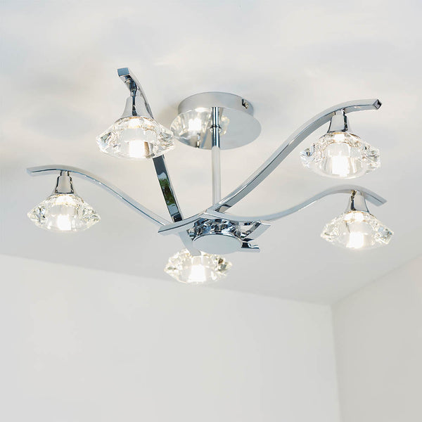 Langella 5 Light Crystal Semi Flush Ceiling Light in chrome on a living room ceiling