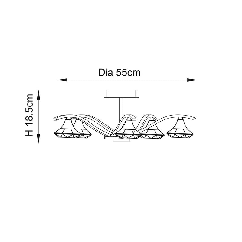Langella 5 Light Crystal Semi Flush Ceiling Light dimension drawing showing width and depth