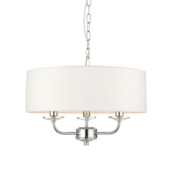 Endon Nixon 3 Light Chandelier in bright nickel with vintage white fabric