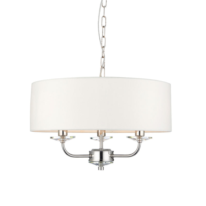 Endon Nixon 3 Light Chandelier in bright nickel with vintage white fabric