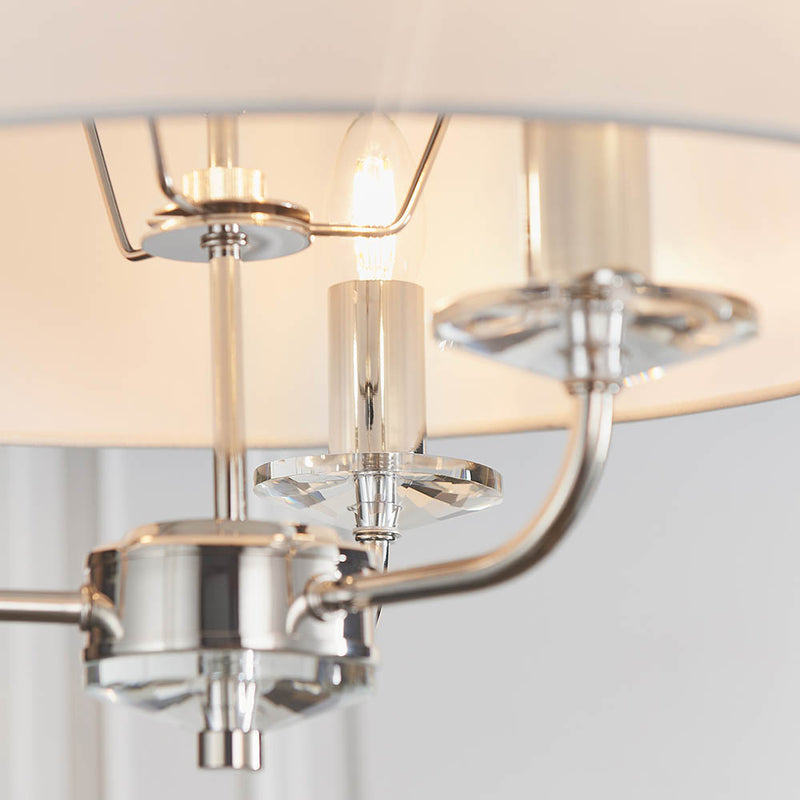 Detail of the bright nickel finish on the Nixon 3 Light Chandelier
