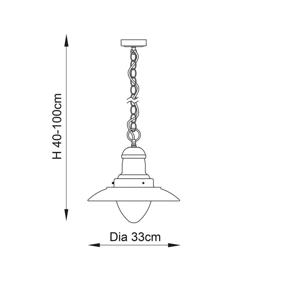 Mendip Pendant dimension drawing showing width and drop
