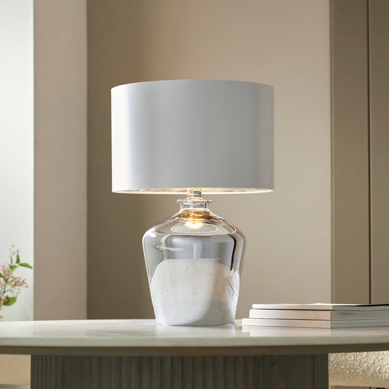 Endon Waldorf Glass Table Lamp in chrome and ivory in a styled living room